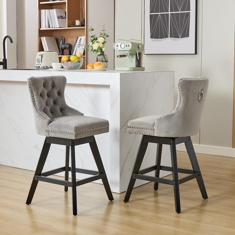 Velvet Barstools Set Curved Button Tufted Accent Chairs Set of 2 with Swivel Seat, Thick Cushion and Solid Rubber Wood Legs