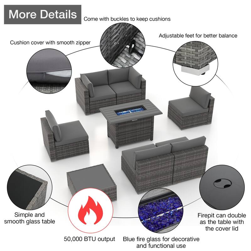 Outdoor 8 Pieces Sectional Wicker Sofa Set with Fire Pit