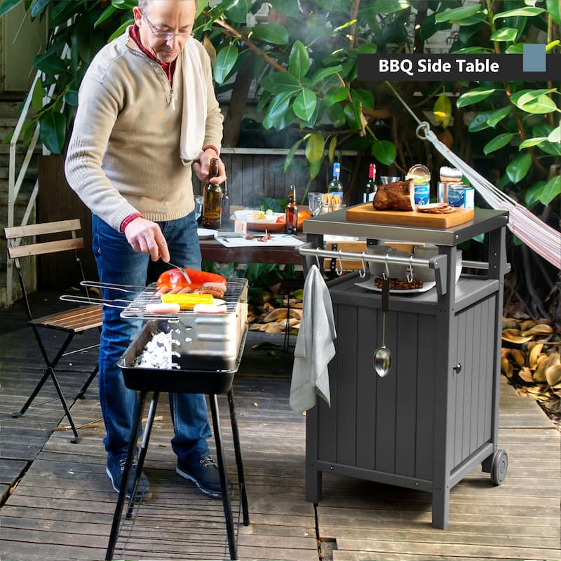 Barbecue/Grill Side Table Trolley, Outdoor Prep Dining Table Serving Cart with 304 Stainless Steel Top-HDPE
