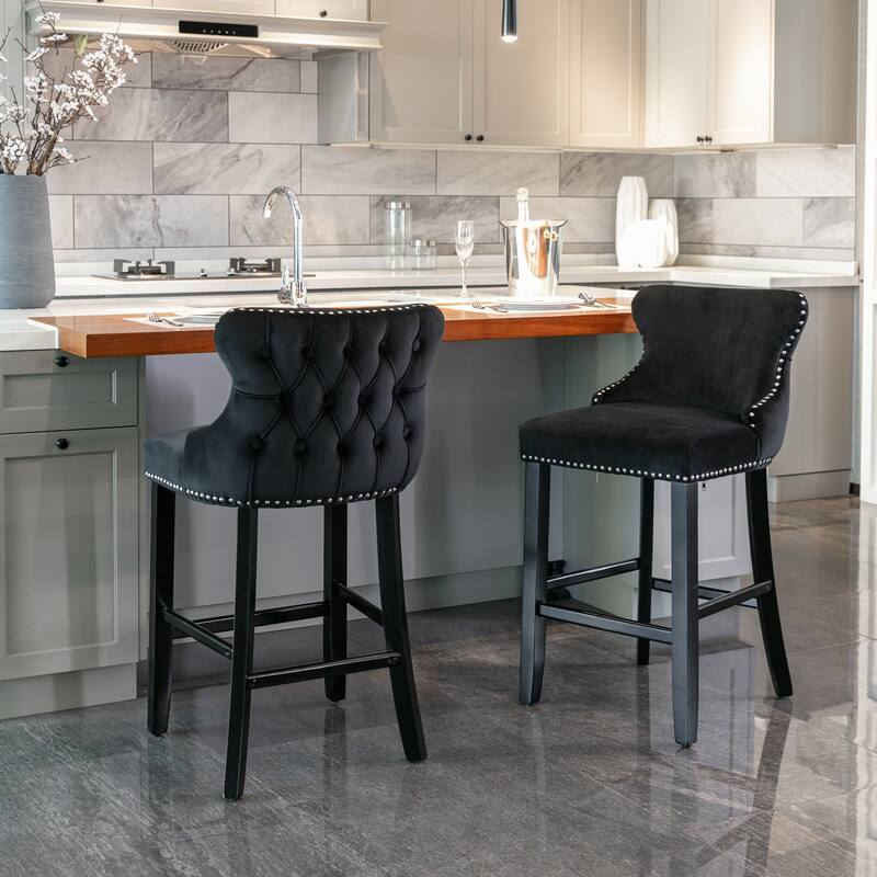 Furniture Black Velvet Wingback Bar Stools Set of 2, Button Tufted with Wood Legs & Chrome Nailhead Trim
