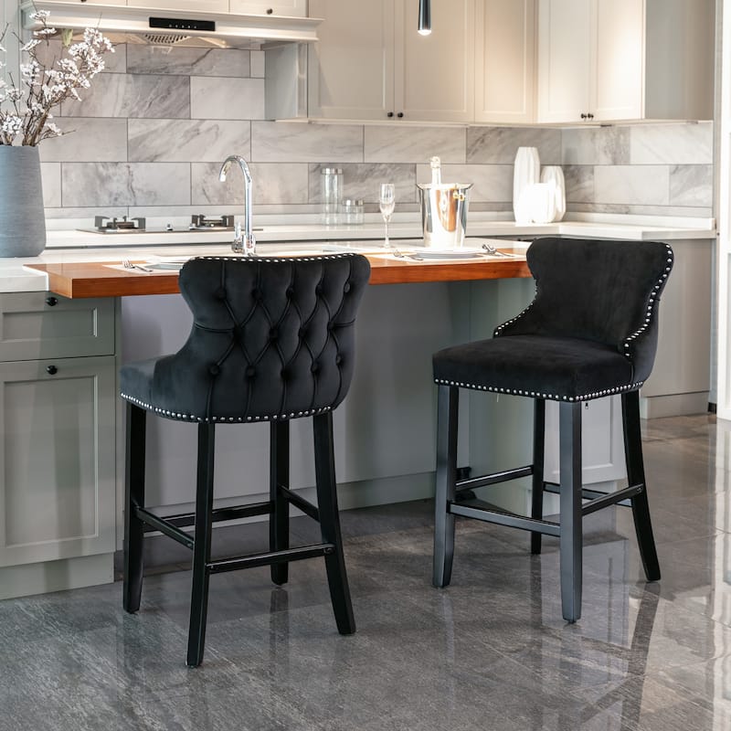 Upholstered Wing-Back Barstools with Button Tufted Decoration and Wooden Legs,Chrome Nailhead Trim,Bar Chairs,Set of 2 - Black
