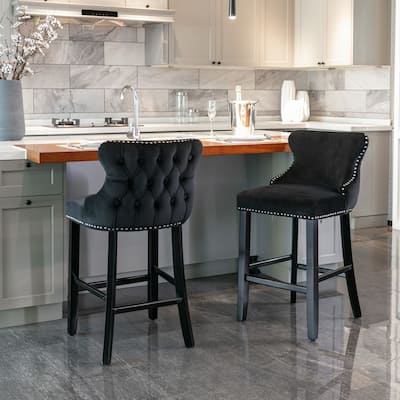 Velvet Wingback Bar Stools Set of 2, Button Tufted Dining Chairs with Footrest, Upholstered Counter Stools with Wooden Legs