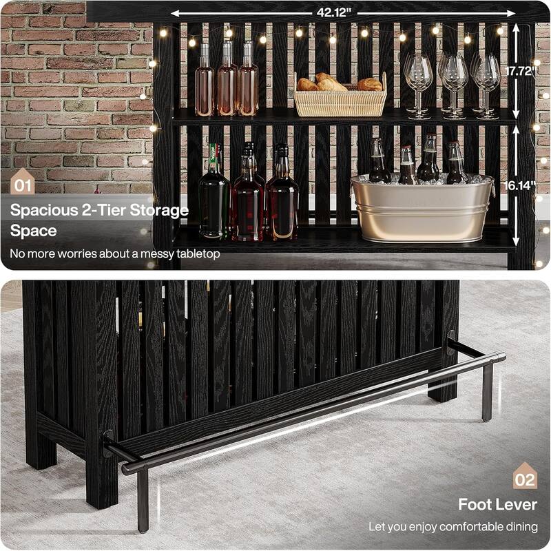 63" Modern Black Home Bar Unit 2-Tier Mini Bar Table Industrial
