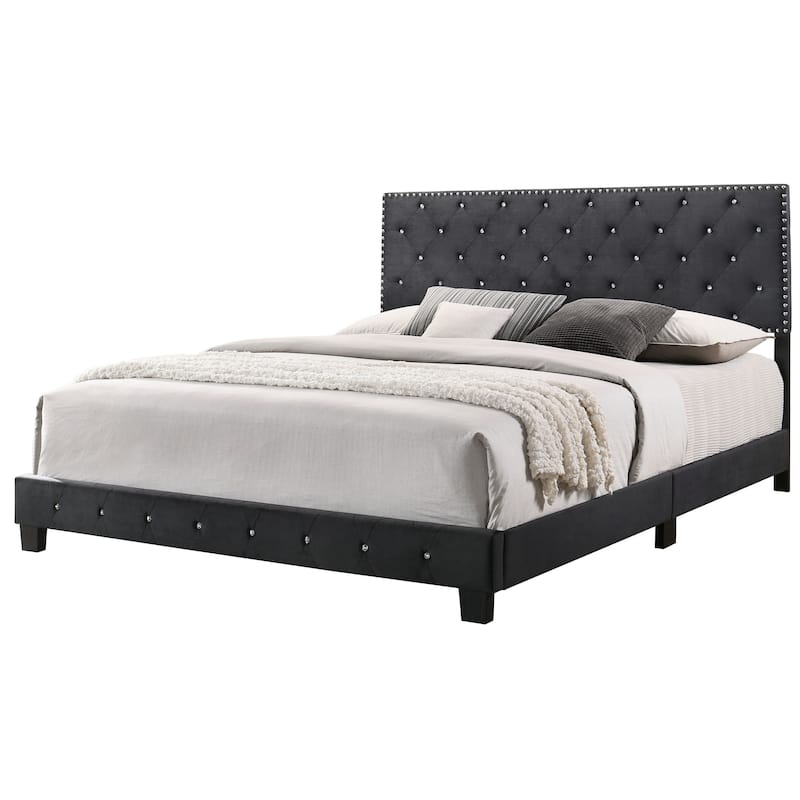 Suffolk Velvet Upholstered Jewel Accent Tufted Nailhead Panel Bed