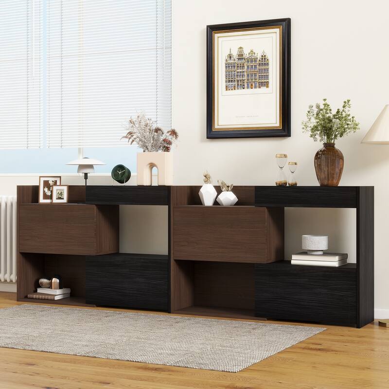Retractable Corner Bookcase Set of 2 Wood Storage Cabinet, Buffet Sideboard w/ Drawer for Living Room, Entryway, Kitchen, Office