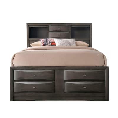 Wooden Queen Size Bed with Bookcase and Drawers in Gray