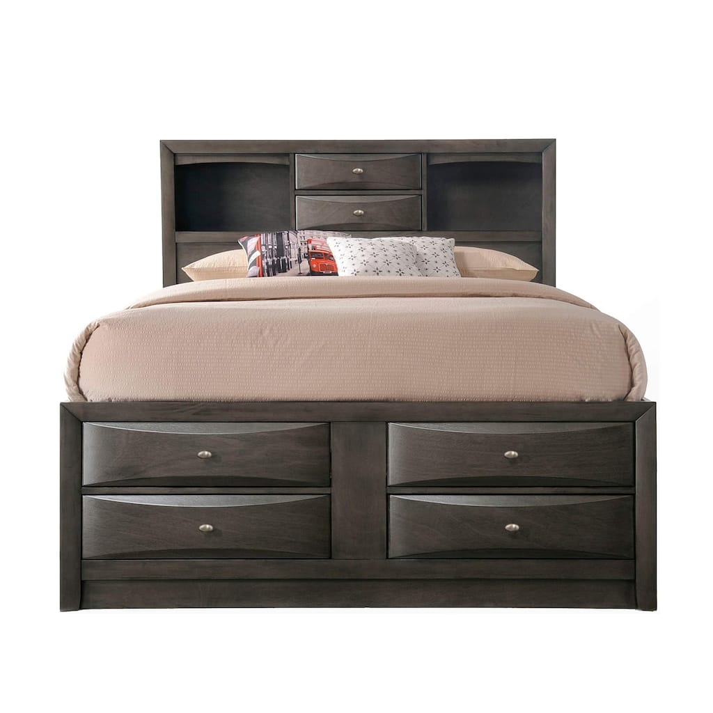 Wooden Queen Size Bed with Bookcase and Drawers in Gray
