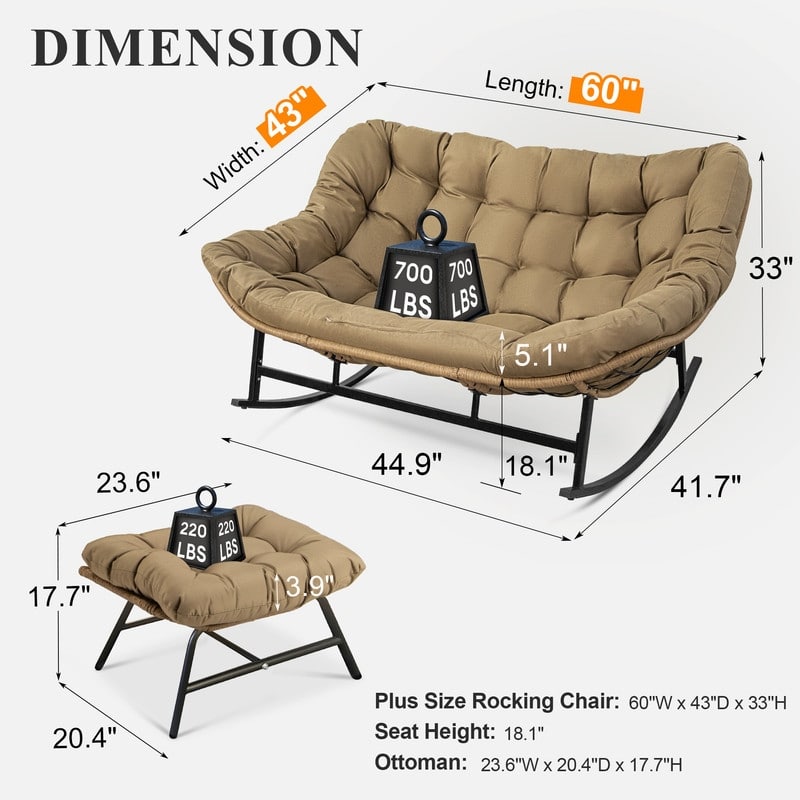 FINCATI Oversized Double Rocking Chair Outdoor Indoor, 40" D x 58" W Double Papasan Rocking Chair with Padded Cushion