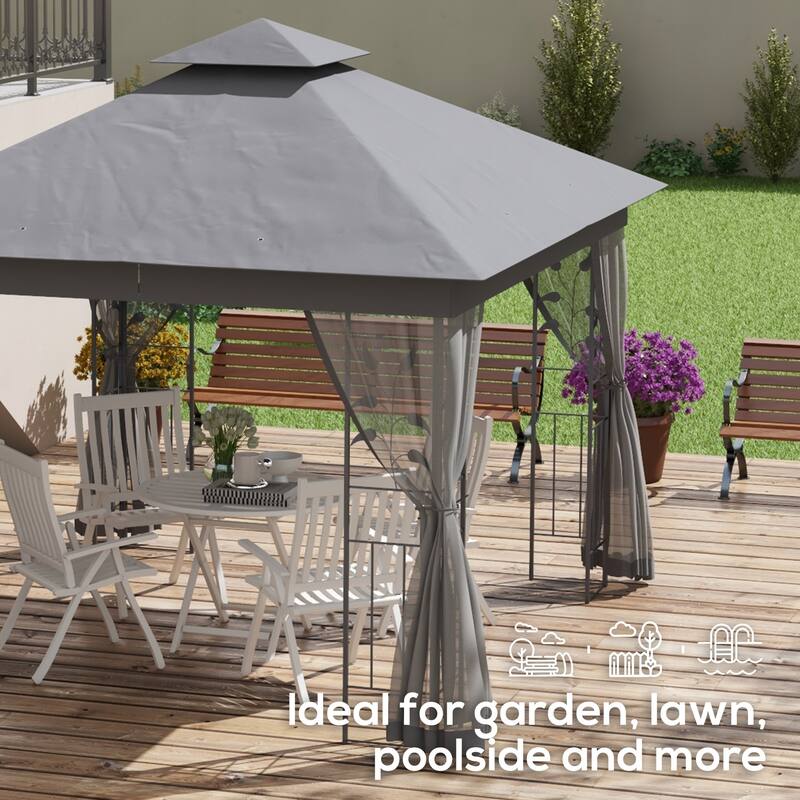 Outsunny 10' x 11.5' Metal Patio Gazebo, Double Roof Outdoor Gazebo Canopy Shelter with Tree Motifs Corner Frame and Netting