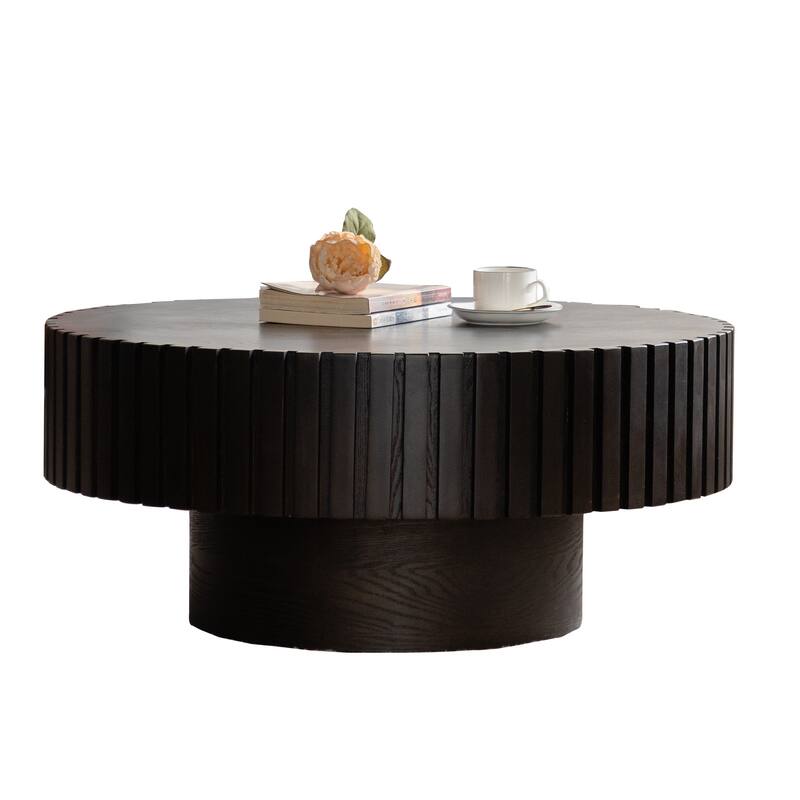 Olive-Shaped Round Wooden Coffee Table - Handcrafted Relief for Living Room