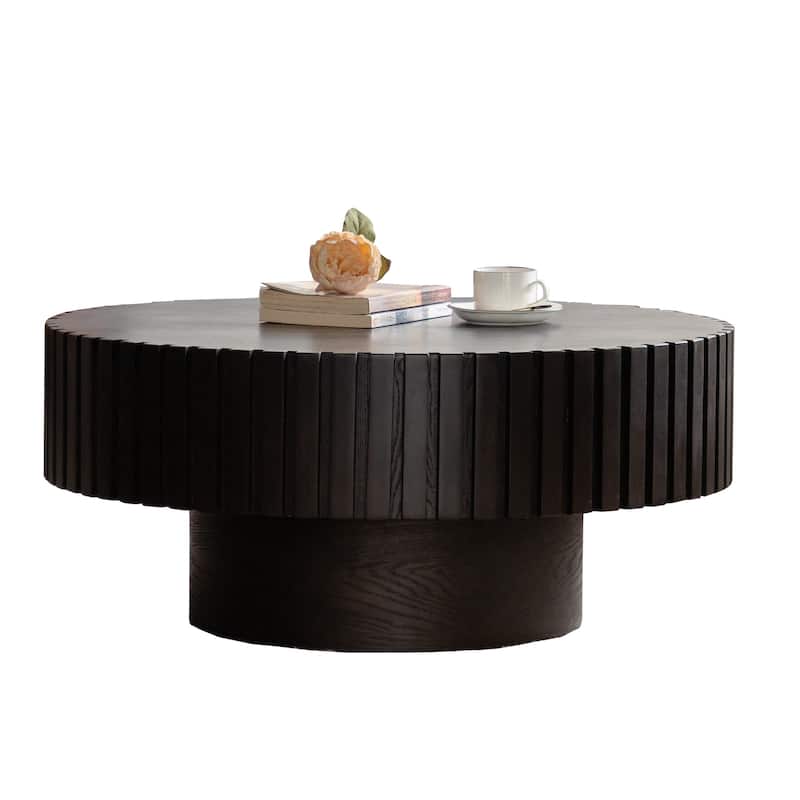 Wooden Handcrafted Relief Round Coffee Table with Sturdy Pedestal