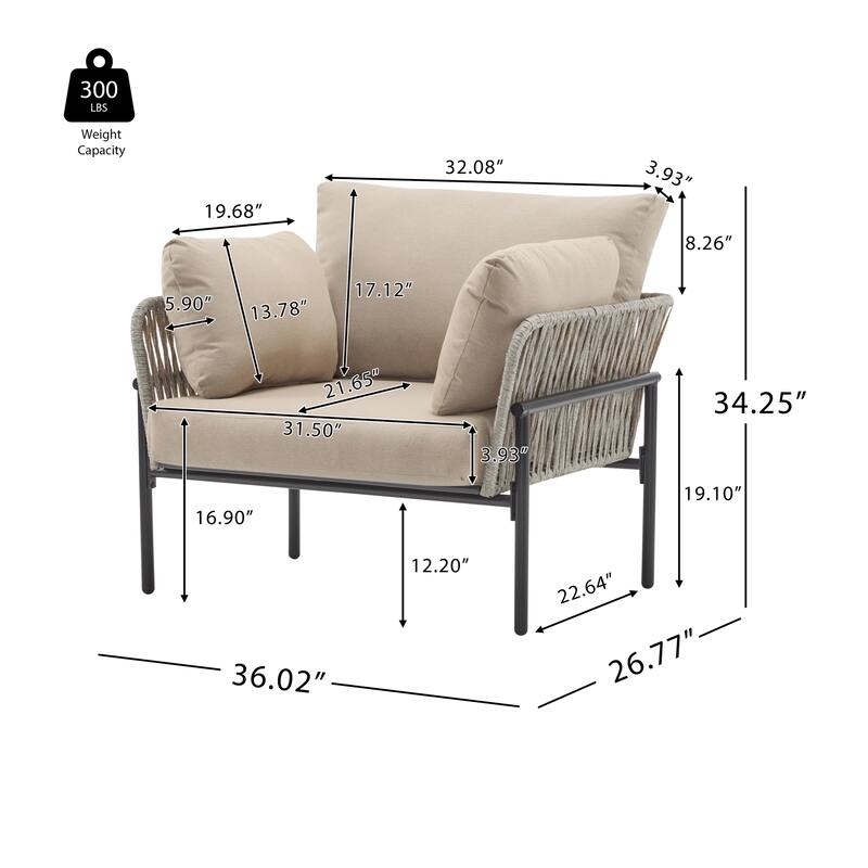 Modern Rattan Lounge Chair with Metal Frame & Cushions Patio Rope Weave Accent Armchair for Indoor, Poolside, Garden, Set of 2