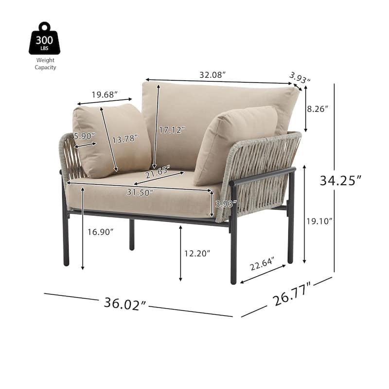 Roomfitters 36" Outdoor Lounge Chair with Rope Weave, Metal Frame and Beige Cushions, Modern Patio Armchair