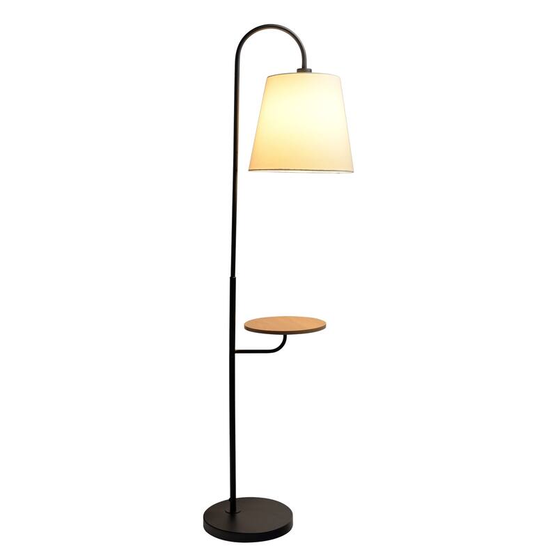 Linda Black Floor Lamp with Built-in Wooden Shelf and Fabric Shade