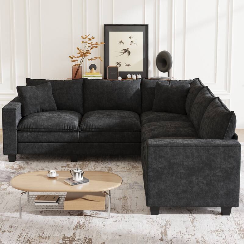 GDFStudio - Chenille L-Shaped 97" 5-Seater Sectional Sofa with Armrest Storage - Black