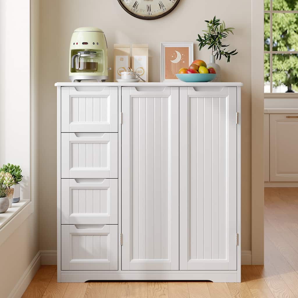33.5''H Bathroom Floor Cabinet, 31.5''W Kitchen Pantry Storage Cabinet with 4 Drawers & Double Doors