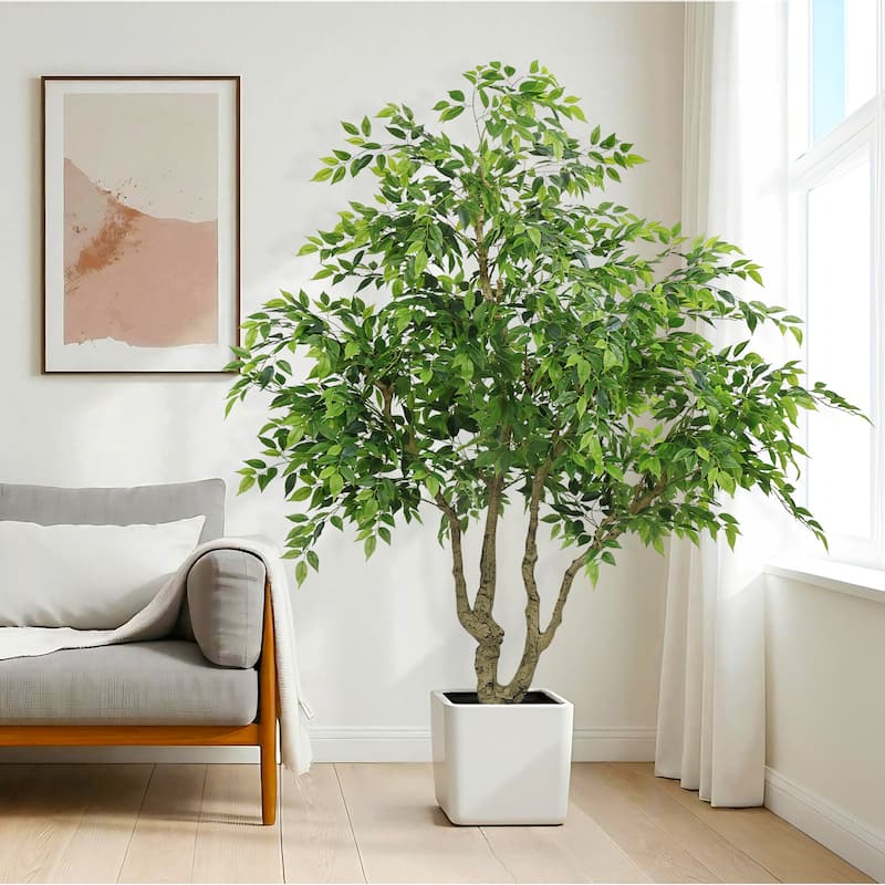 7ft Tall Artificial Banyan Tree With Natural Trunk And Realistic Silk Leaves, Large Imitation Potted Green Plant, 1pc/Set