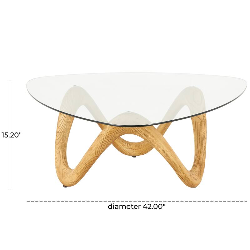 Polystone Abstract Wood Grain Inspired Wavy Accent Table with Glass Tabletop - Light Brown or Beige - Roche River Decor