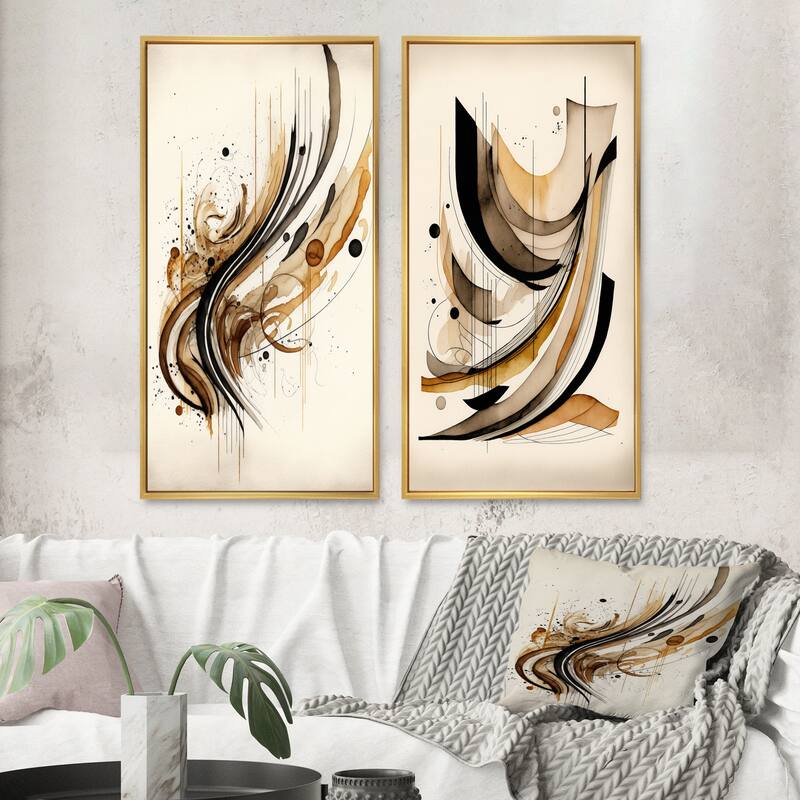 Designart "Brown And Black Movement" Abstract Minimalism Framed Wall Art Set Of 2 - Brown Wall Art Set Of 2 - 32 in. wide x 32 in. high - Gold