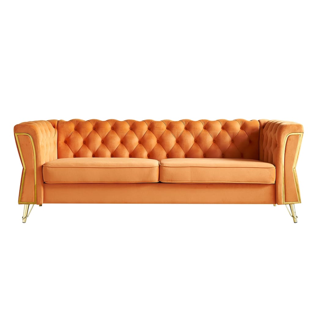 Tufted Velvet Sofa with Golden Metal Frame, Diamond-Stitched Design, and Foam Cushion for Living Room