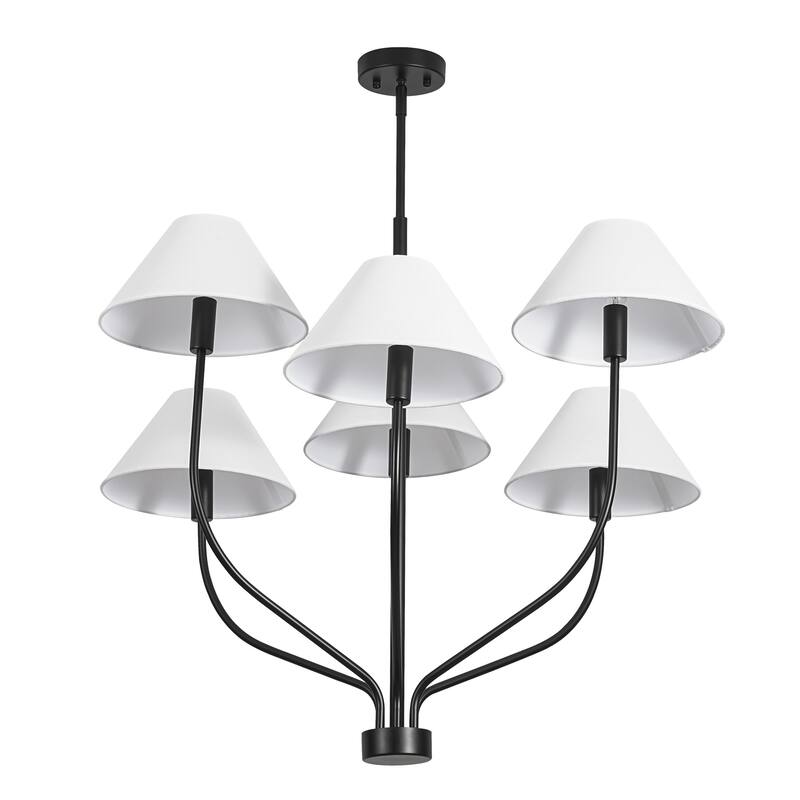 6-Light Modern Gold/Matte Black Sputnik Staggered Large Chandelier with Cone White Fabric Shade