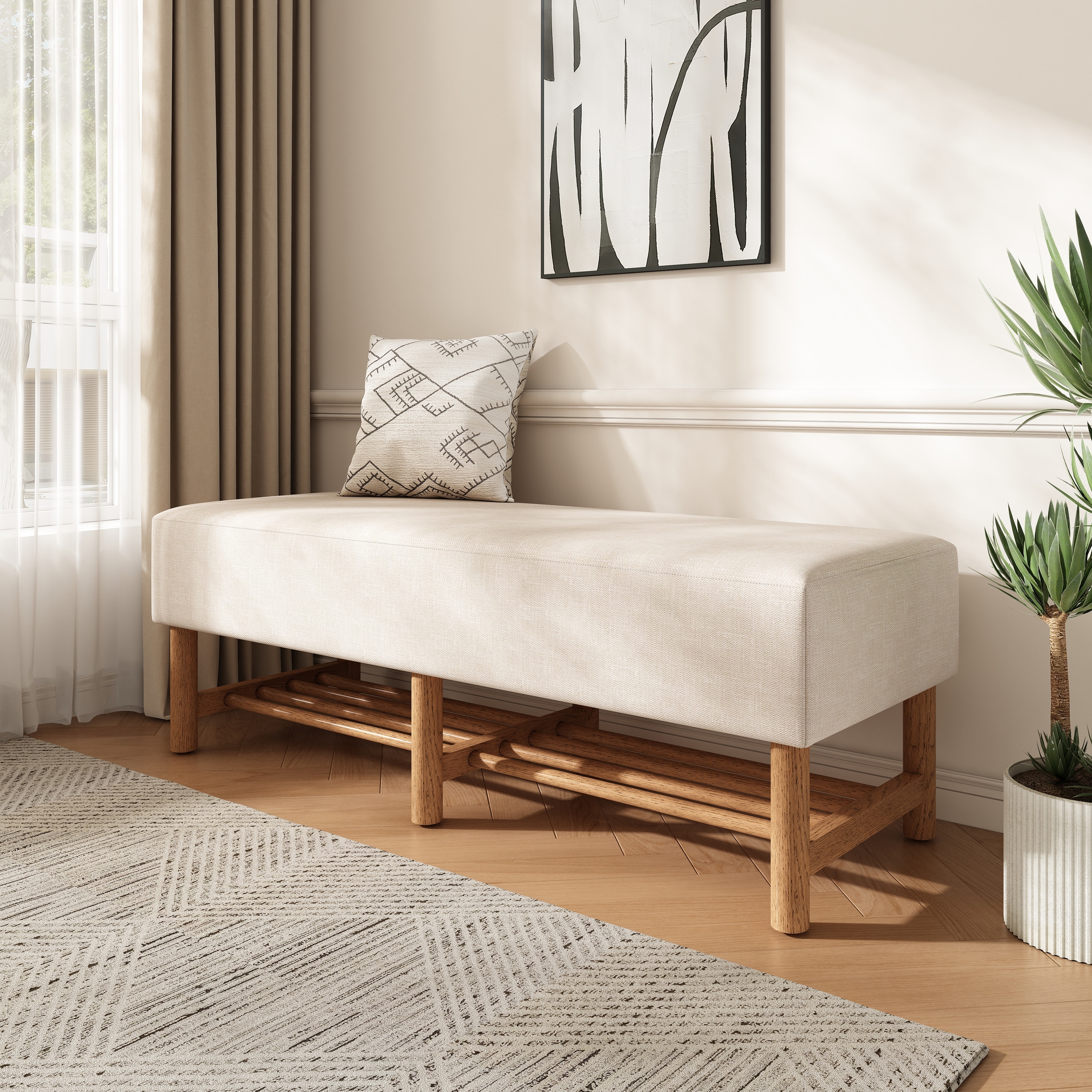 Linen Fabric Ottoman Bench Rectangular with Solid Wood Legs Entryway Bedroom