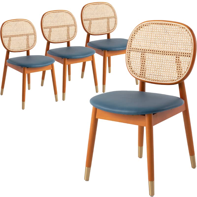 Holbeck Modern Rattan Leather Upholstered Dining Chair with Plush Padding Beech Wood Legs for Stylish Homes Set of 4 - Navy Blue