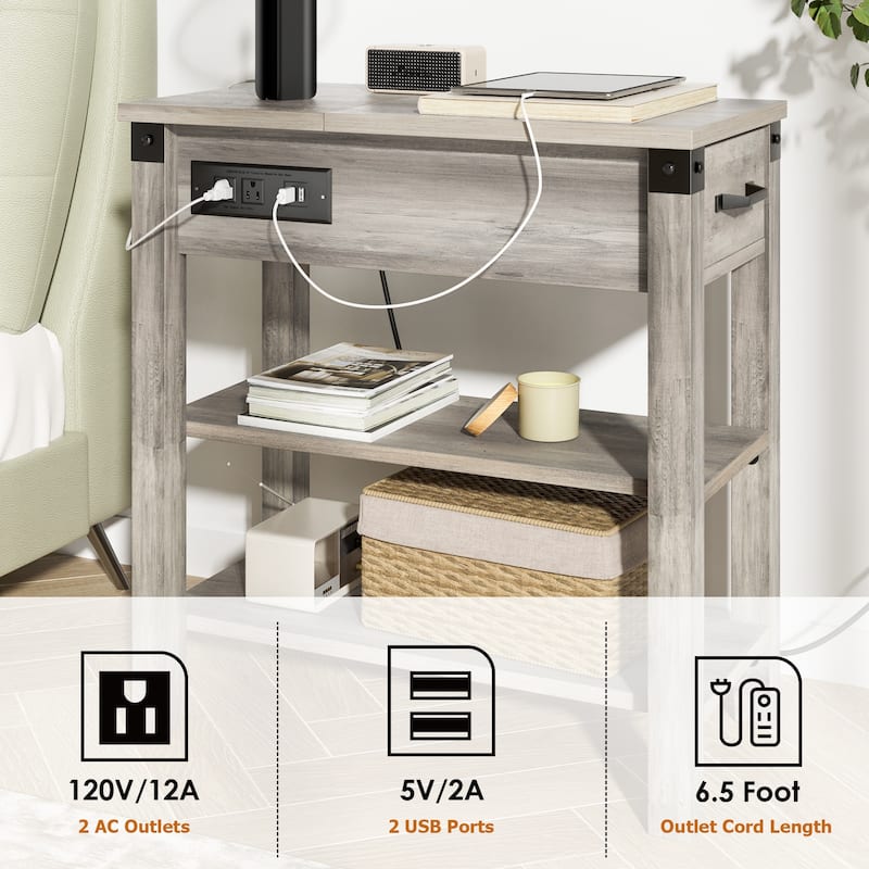 Farmhouse Narrow Side Table with Charging Station Drawer and Storage