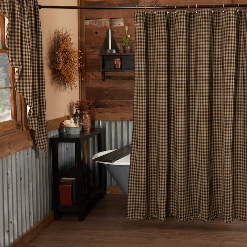 Primitive Bath VHC Check Shower Curtain Rod Pocket Cotton - Shower Curtain 72x72 - Raven/Khaki