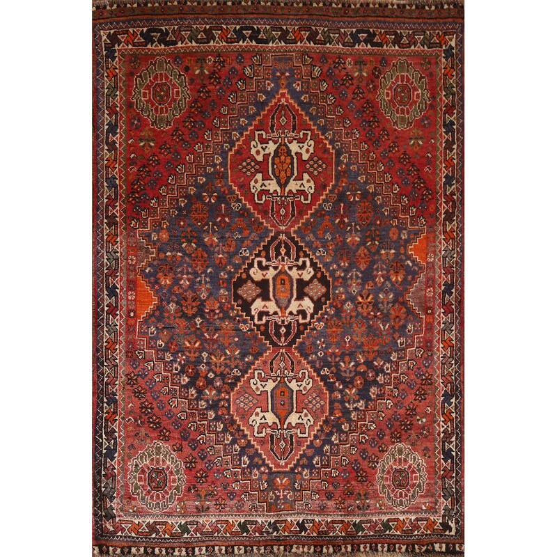 Hand Knotted Oriental 100% Wool Carpet Traditional Tribal Navy Blue & Blues Shiraz Area Rug - 5' 4'' X 3' 8''