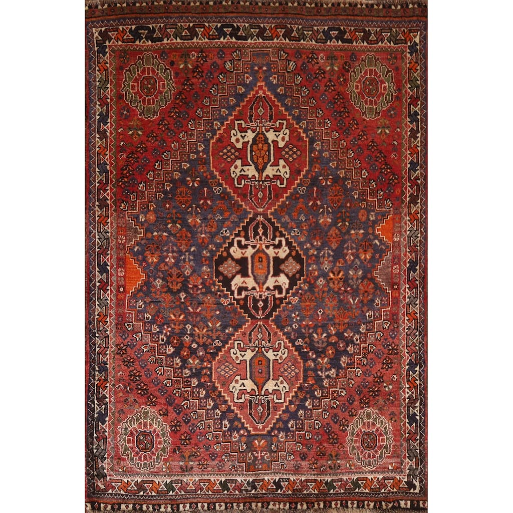 Hand Knotted Oriental 100% Wool Carpet Traditional Tribal Navy Blue & Blues Shiraz Area Rug - 5' 4'' X 3' 8''