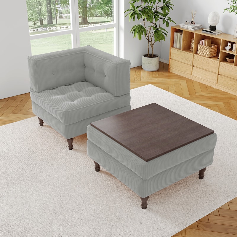 Corduroy L-shape Modular Corner Sectional Sofa with Reversible Storage Ottoman