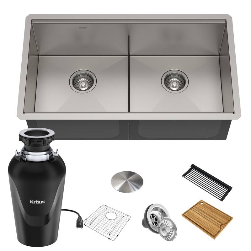 KRAUS Kore Workstation Undermount Stainless Steel Kitchen Sink - 33" x 19" (double basin KWU112-33 w/ KWD100-75MBL) - Stainless Steel with Black Garbage Disposal