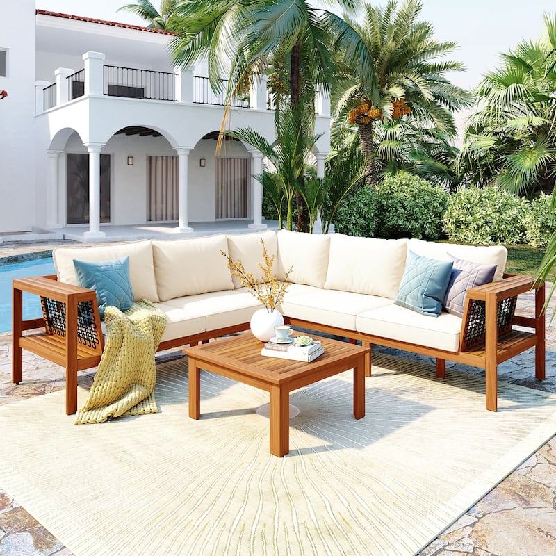 Roomfitters 4-Piece Outdoor Sectional Sofa Set with Coffee Table and Built-in Side Shelves, Wood Frame