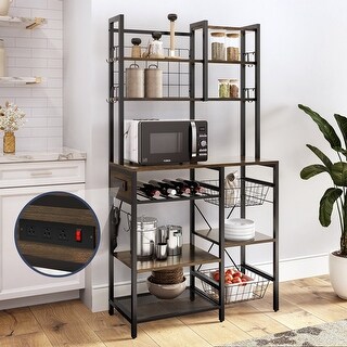 BELLEZE Discover Bakers Rack with Power Strip, Storage Shelves