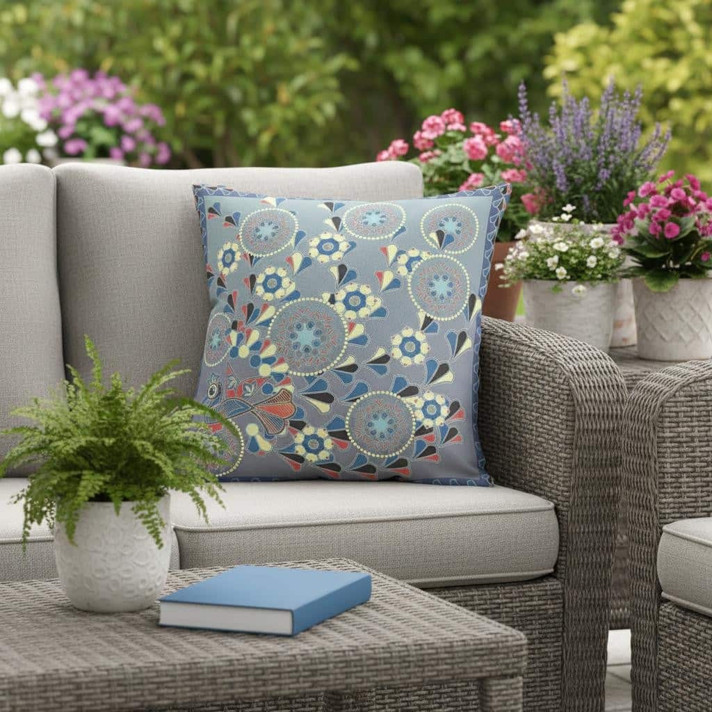 HomeRoots 20" x 20" Blue and Gray Peacock Blown Seam Floral Indoor Outdoor Throw Pillow - 20.00' X '5.00' X '20.00