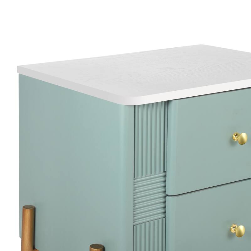 Modern 2-Drawer Fluted Nightstand - Golden Metal Handles/Legs, Easy Assembly (Green)