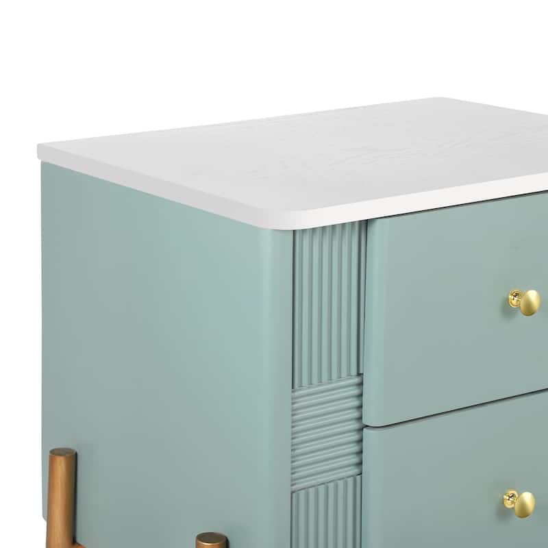 Modern Nightstand with 2 Storage Drawer, Fluted Bedside Table with Golden Metal Handles and Legs
