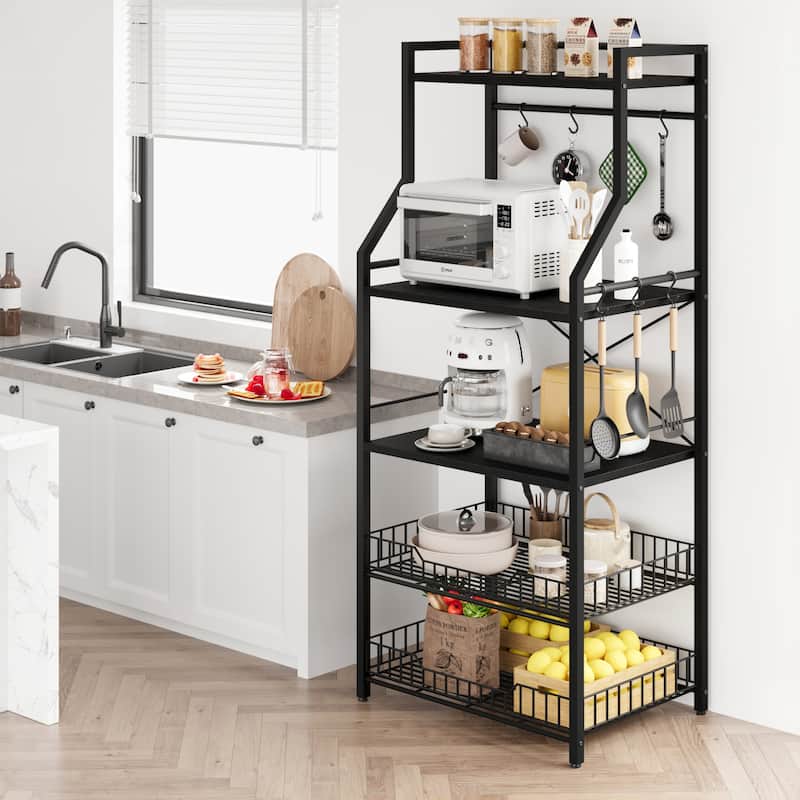 5-Tier Kitchen Bakers Rack Microwave Oven Stand with 2 Large Wire Basket - 15.7"D x 23.6"W x 50.7"H