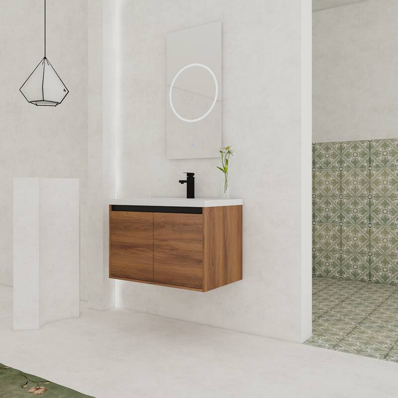 GDFStudio - Levistar Modern Wall-Mounted Bathroom Vanity Set with Scratch-Resistant Resin Sink & Soft Close Doors
