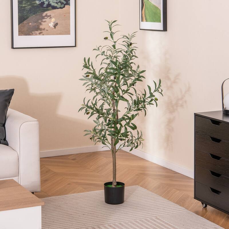 Gymax 4.5 FT Tall Artificial Olive Tree Set of 2 Fake Potted Trees w/