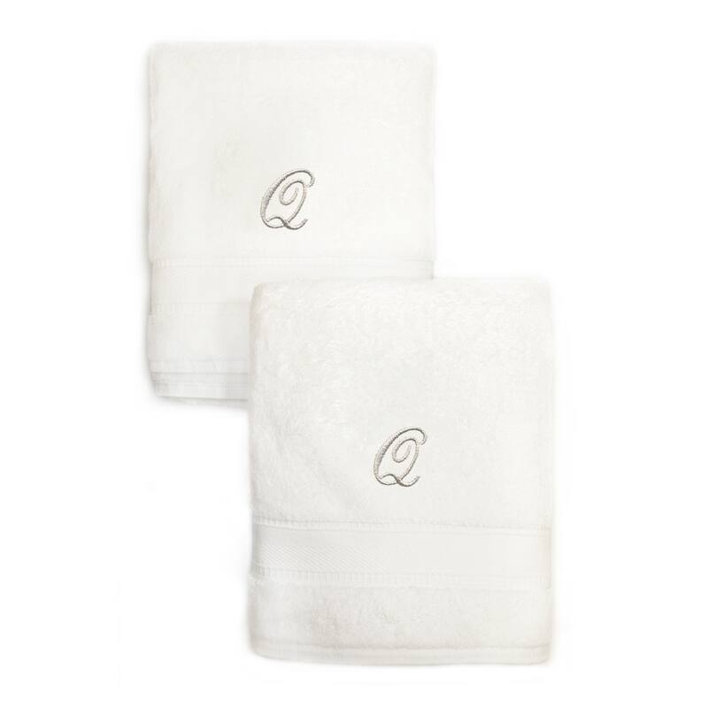 Authentic Hotel and Spa 2-piece White Turkish Cotton Hand Towels with Silver Script Monogrammed Initial - White - Q