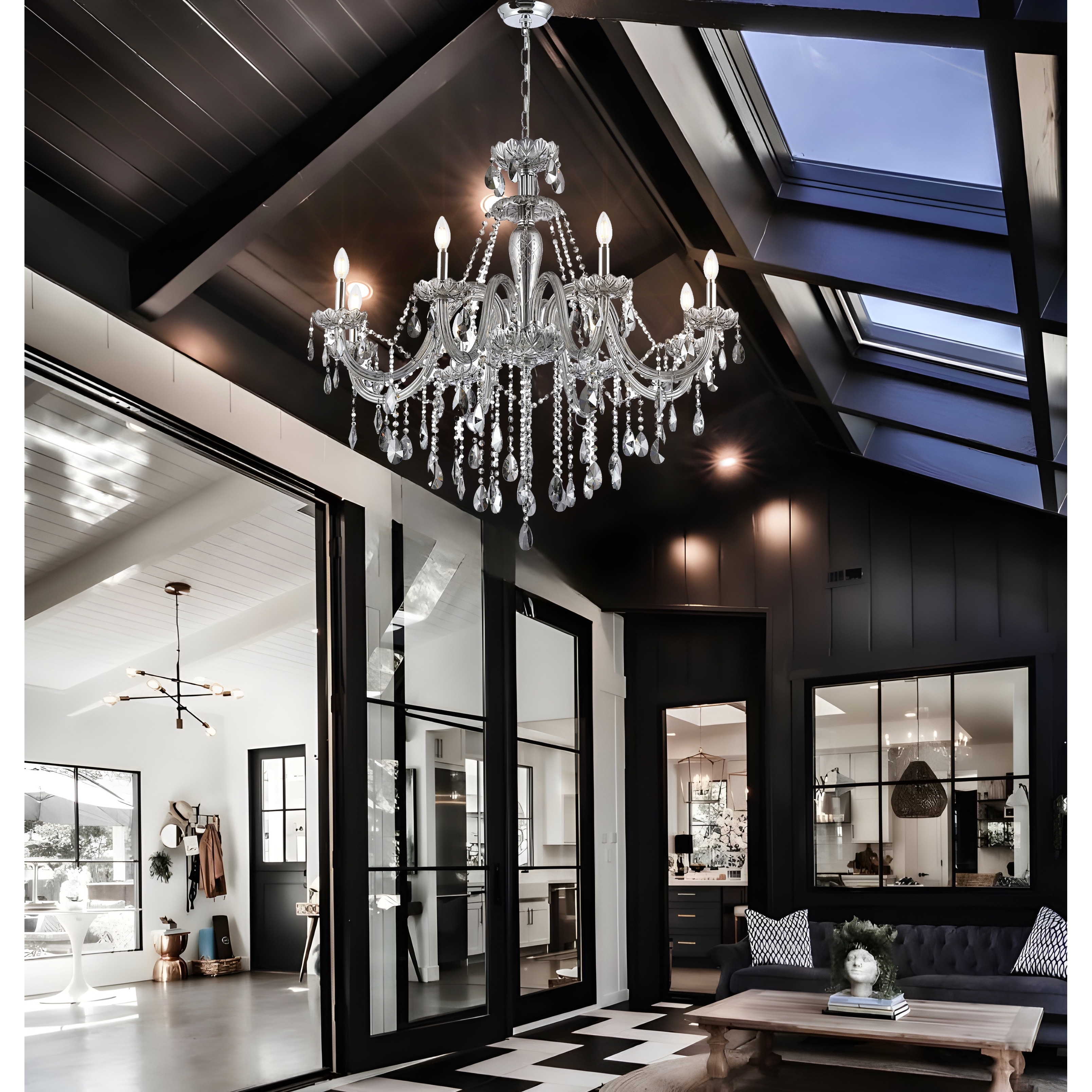 Adjustable Raindrop K9 Crystal Chandelier, Steel, Glam, Smoke