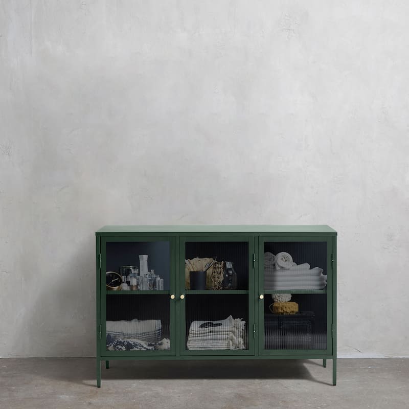 Rye Studio Brianne Modern Metal & Glass 3-Door Sideboard - Green