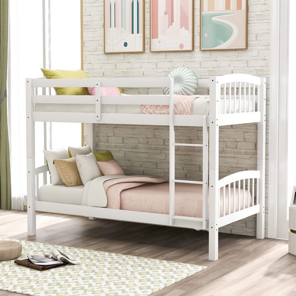 slide 2 of 13, Modern Concise Design Versatile Twin Over Twin Bunk Bed,Solid Pine Wood Frame and Guardrails,Full-Length Guardrail White