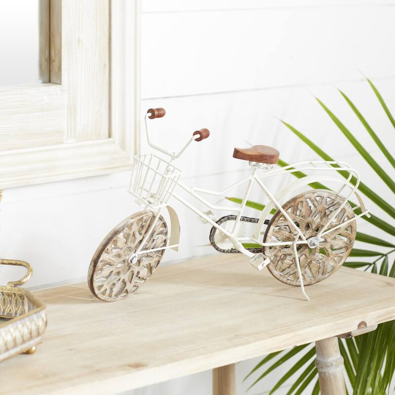 Metal Bike Decorative Sculpture with Carved Wood Wheels - White, Brown, Gold - Roche River Decor