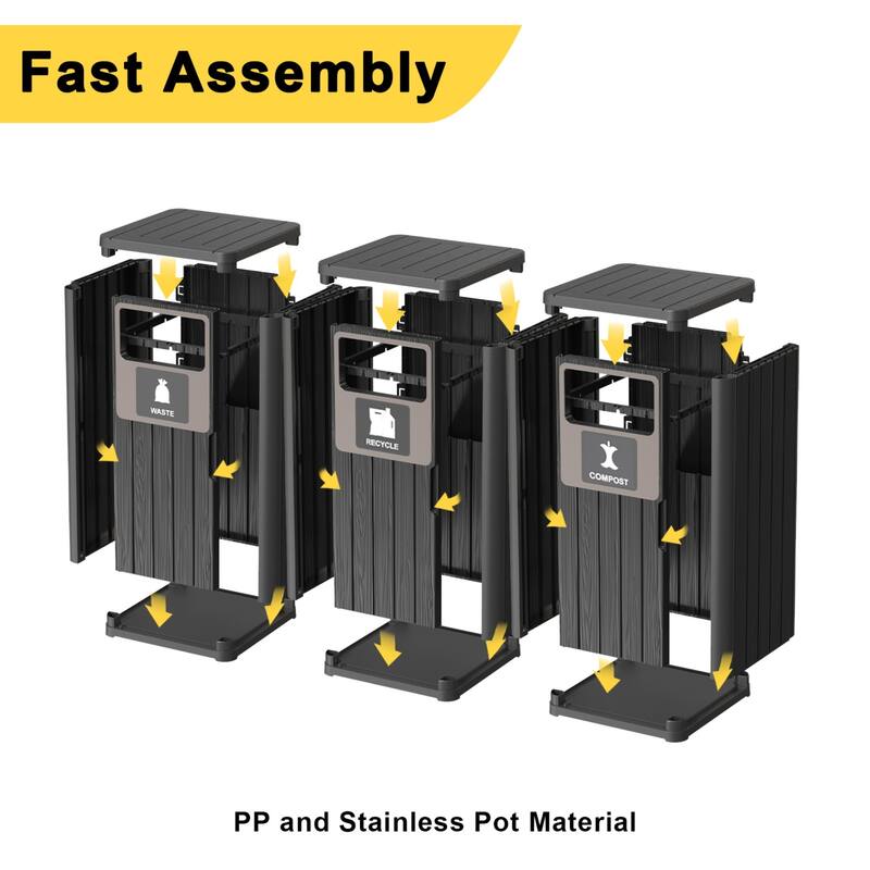 Outdoor Tripple Barrel Trash Can,Waterproof Resin Garbage Can with Garbage Labels,Durable Waste Bin for Porch, Backyard