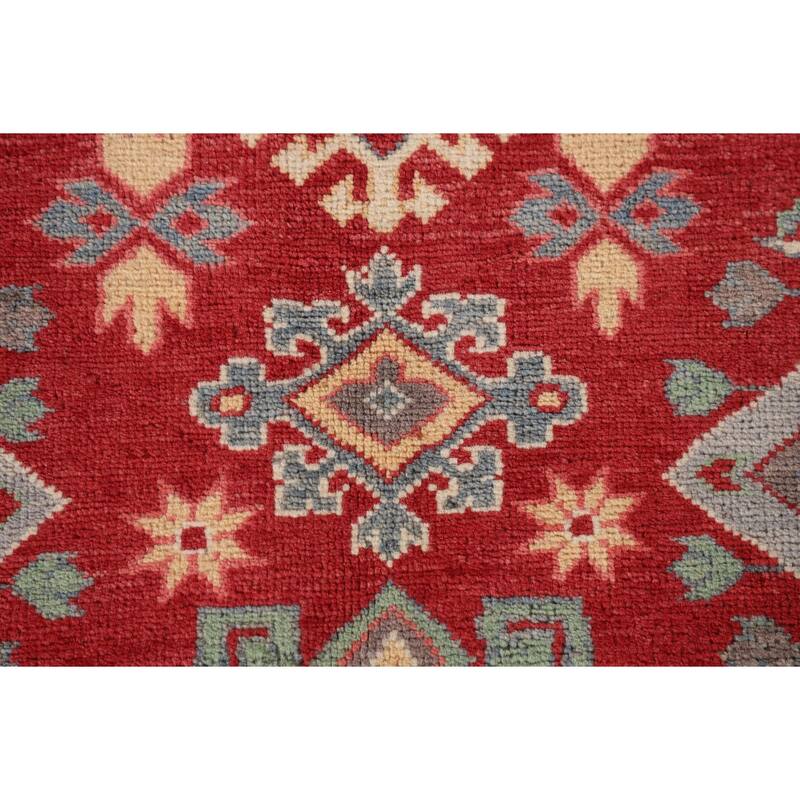 Red Kazak Accent Rug Handmade Geometric Wool Carpet - 3'4"x 4'8"