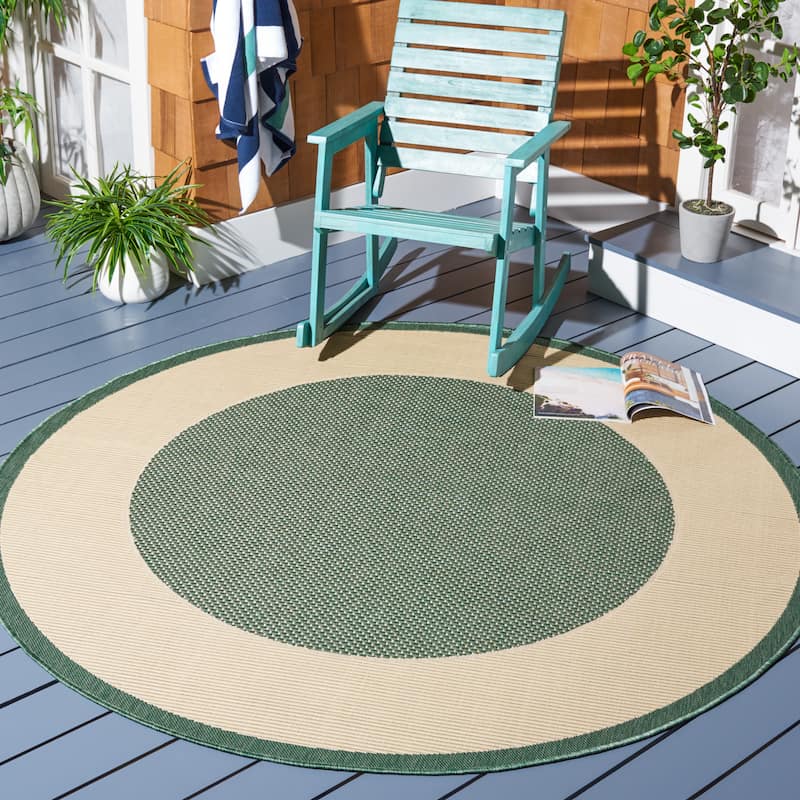 SAFAVIEH Courtyard Sherrie Border Indoor/ Outdoor Waterproof Patio Backyard Rug - 6'7" x 6'7" Round - Dark Green/Beige