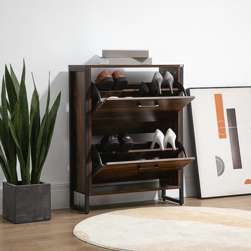 QQ Shoe Cabinet with 2 Flip Drawers - Brown